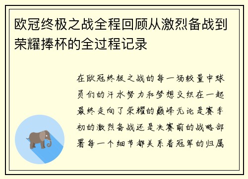 欧冠终极之战全程回顾从激烈备战到荣耀捧杯的全过程记录