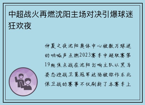 中超战火再燃沈阳主场对决引爆球迷狂欢夜