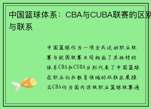 中国篮球体系：CBA与CUBA联赛的区别与联系