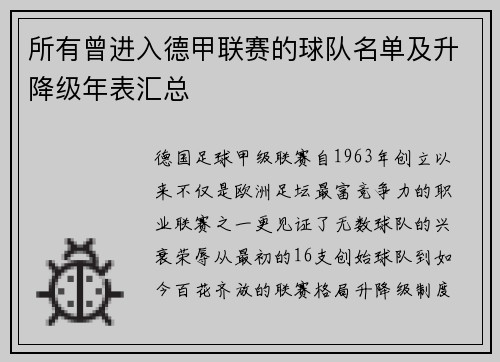 所有曾进入德甲联赛的球队名单及升降级年表汇总